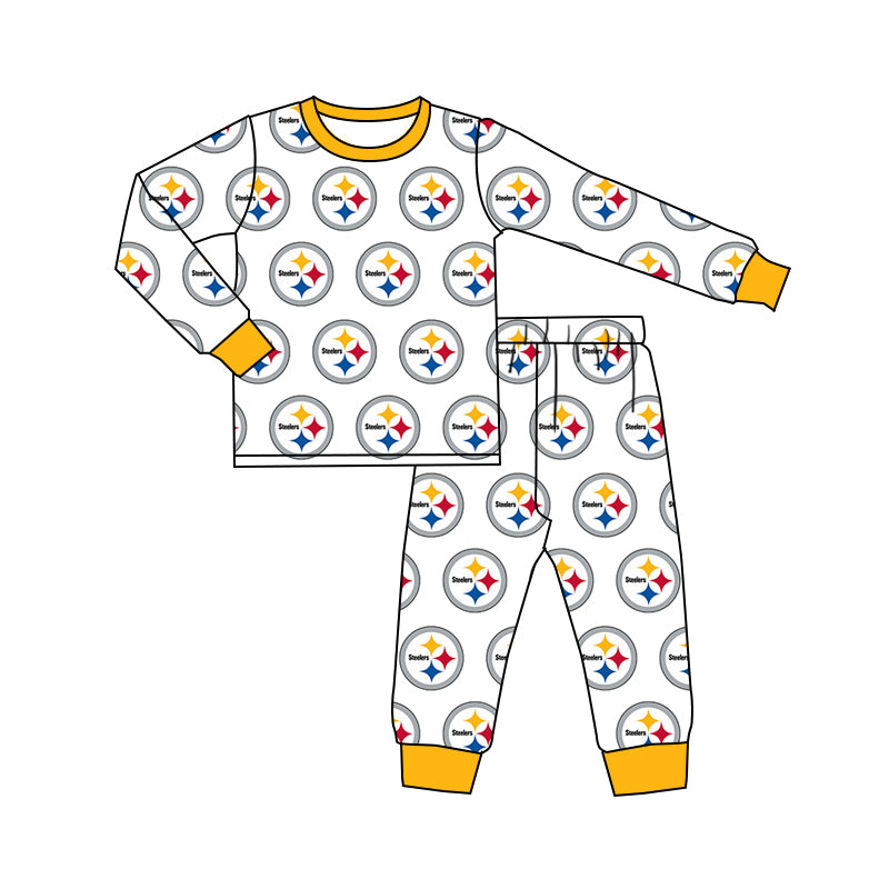 Custom moq 3 eat about 6/8weeks moq 5 eta 5/6weeks baby boys clothes yellow and white long sleeve and long pants pajamas set