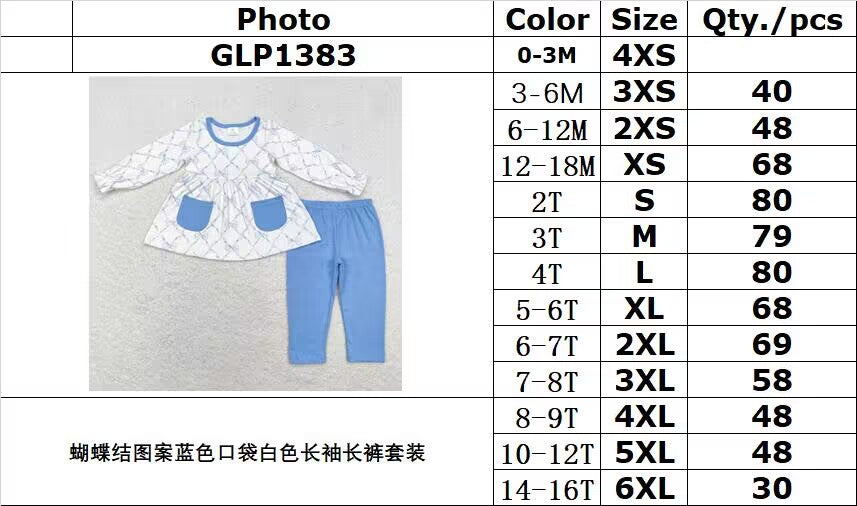 rts no moq GLP1383 Bow pattern blue pocket white long-sleeved trousers set