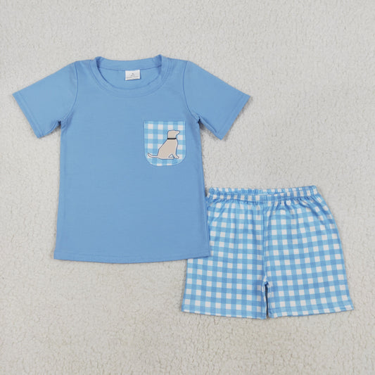 RTS NO MOQ ETA 5/7days Arrived BSSO1190 Puppy plaid pocket blue short sleeve shorts set\