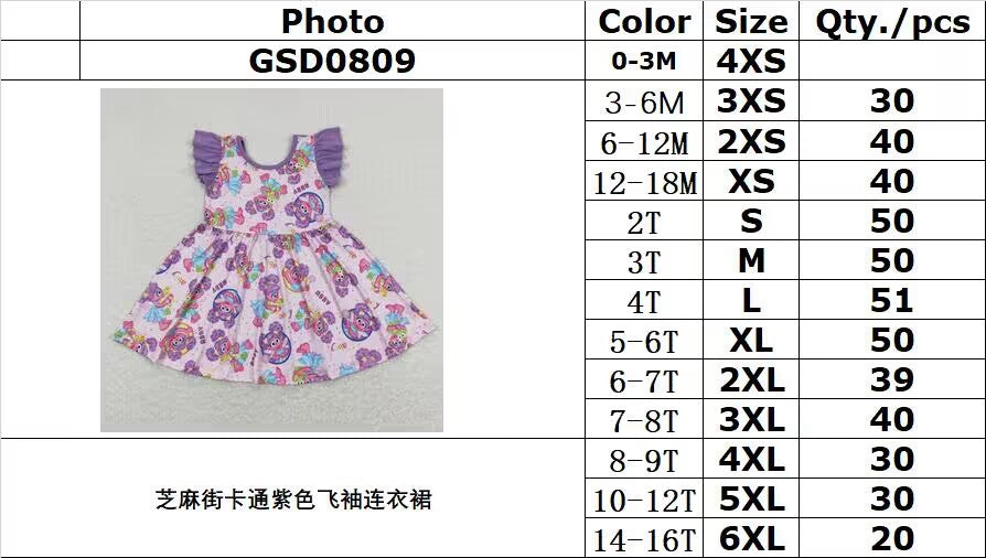 GSD0809 Sesame Street cartoon purple flying sleeve dress