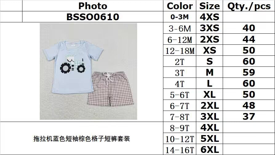 BSSO0610 Tractor blue short-sleeved brown plaid shorts suit