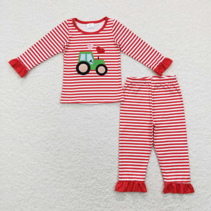 RTS NO MOQ Valentine Embroidery love red striped long sleeve pants and rompers Boys & Girls