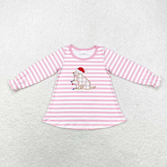 rts no moq GT0659 Embroidered Christmas hat puppy colorful lights striped pink and white long-sleeved top