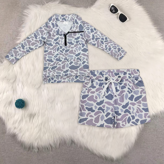 RTS NO MOQ BT1041+SS0140 camouflage gray long-sleeved shirt summer shorts sets