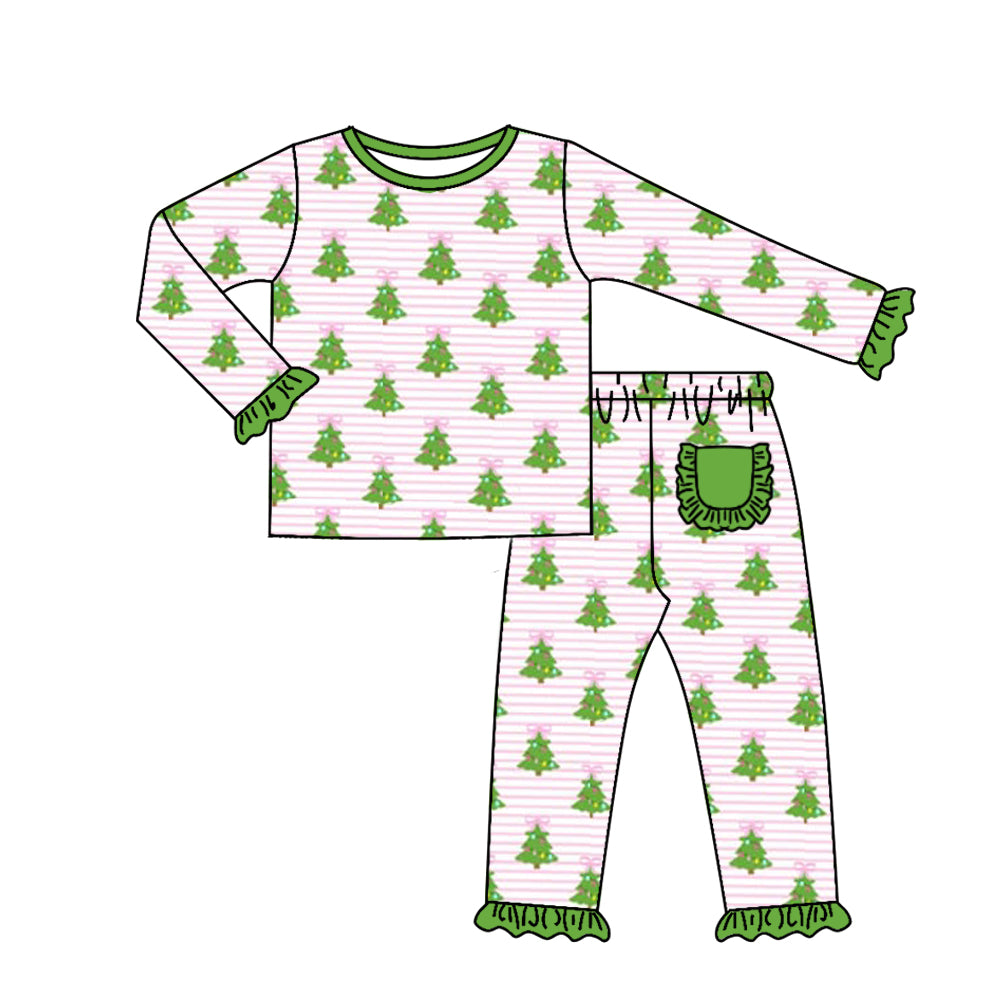 Deadline August 6 custom no moq Green Christmas Tree Long Sleeve Pants Girls Outfit