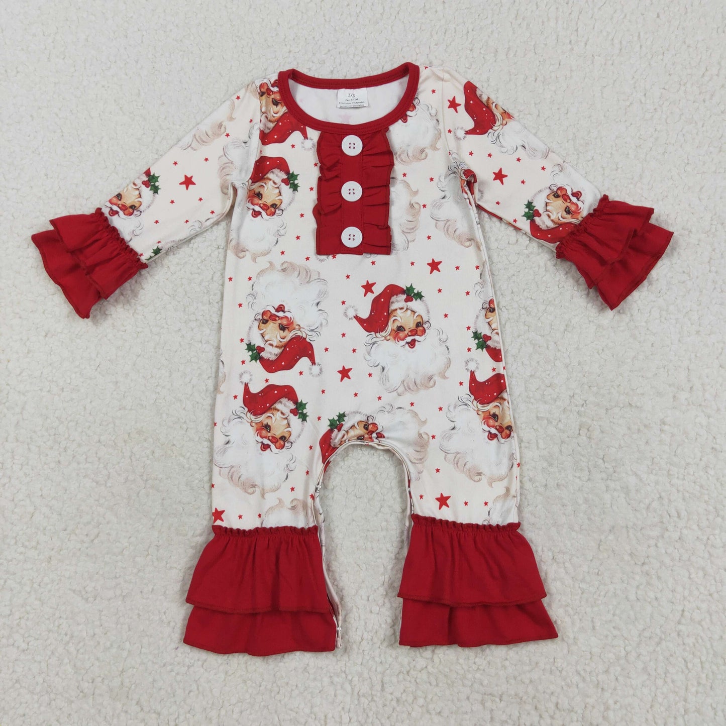 RTS NO MOQ（In Stock) LR2395 Santa Claus Star Red Lace Button Long Sleeve Bodysuit
