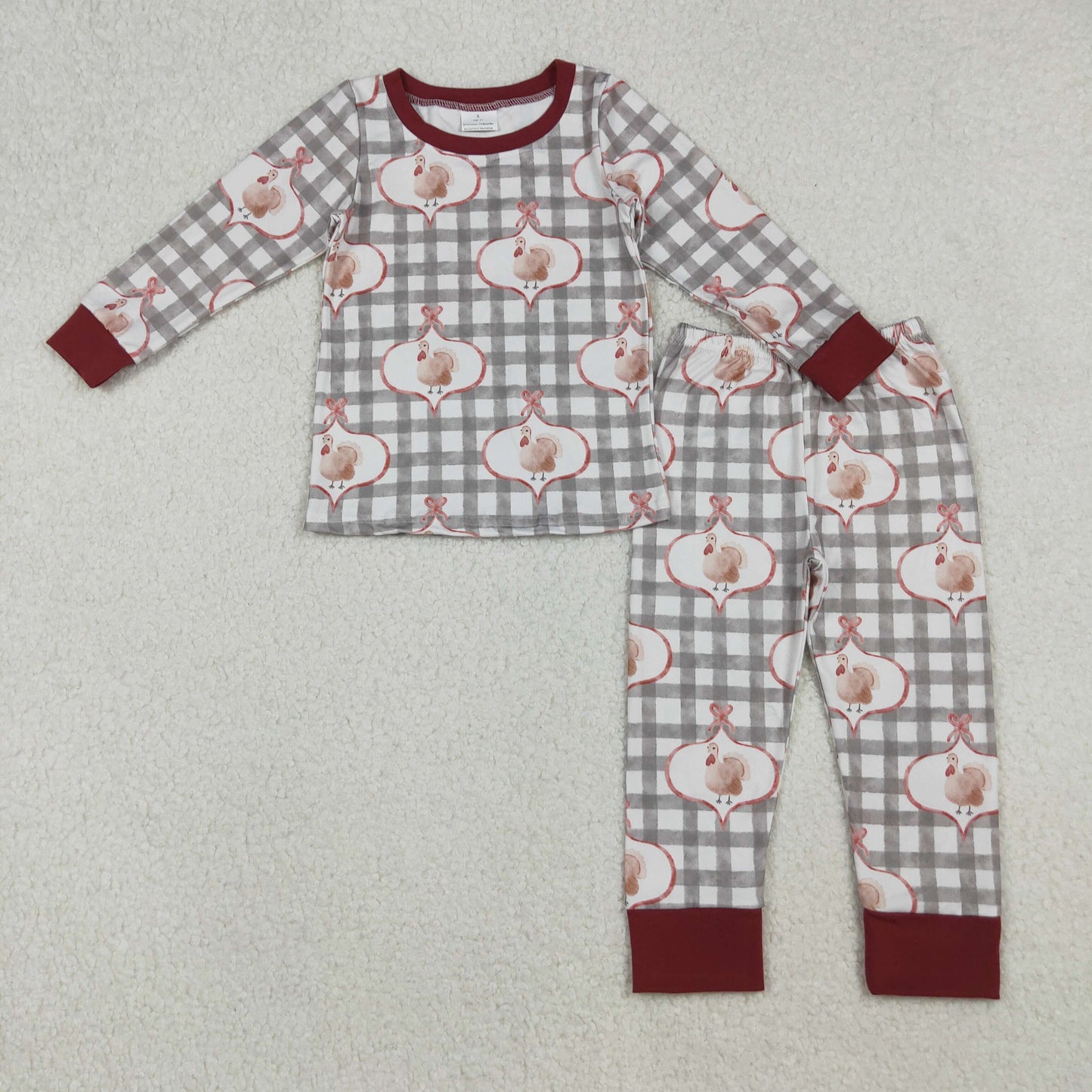 RTS NO MOQ（In Stock) 12/18m-7/8t GLP2885 Bow Pattern Turkey Plaid Long Sleeve Trouser Pajama Set