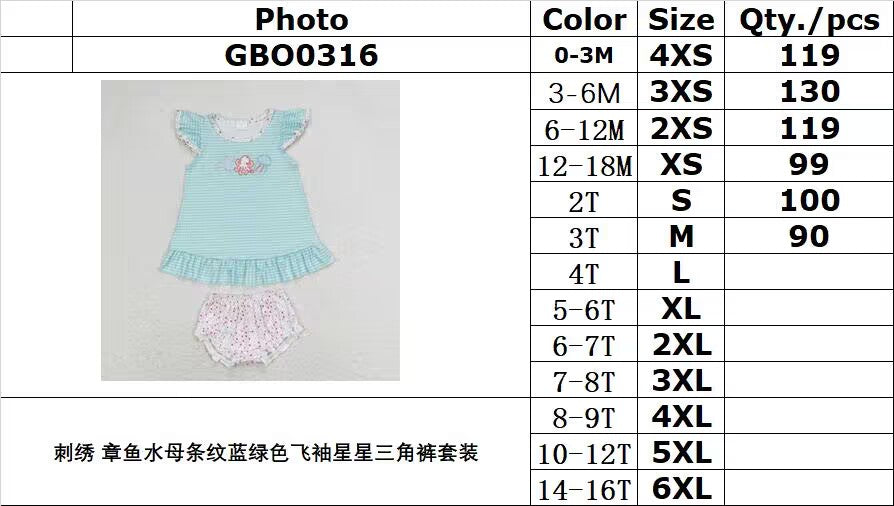 rts no moq GBO0316 Embroidered octopus jellyfish striped teal flying sleeve star briefs set