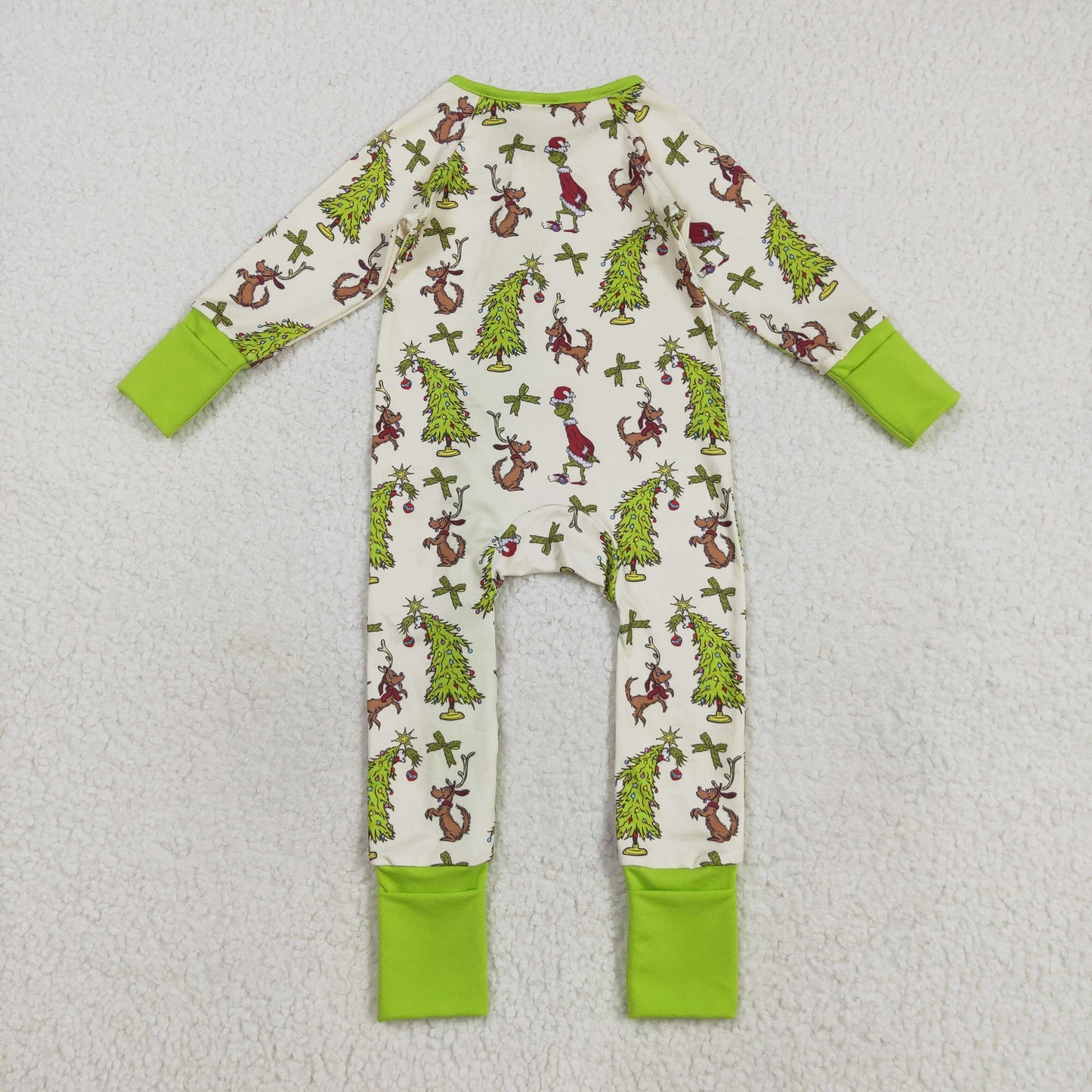 RTS NO MOQ（In Stock) LR2481 Christmas tree puppy green bow pattern zipper long sleeve jumpsuit