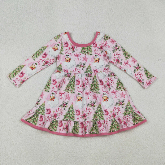 RTS NO MOQ（In Stock) 12/18m-7/8t GLD1252 Pink long-sleeved dress with Santa Claus, tree, cane, and gift