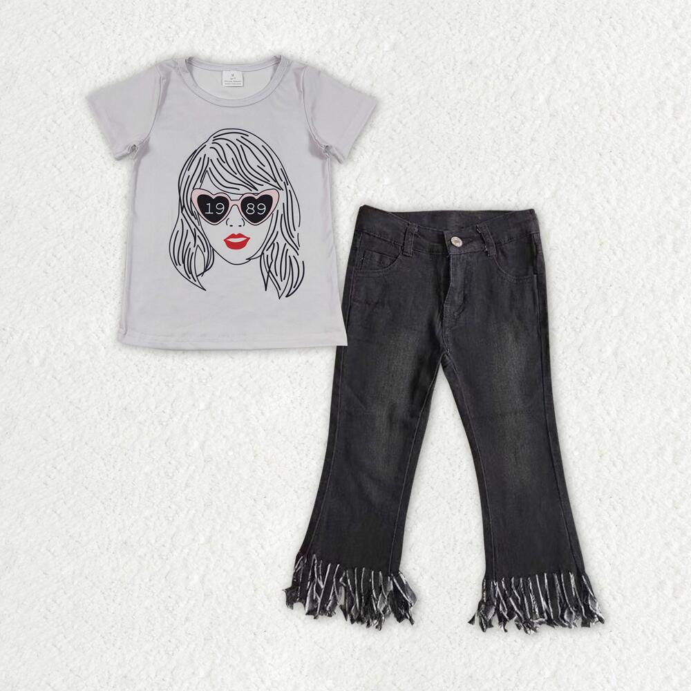 GT0434 +D4-30 1989 taylor swift gray short-sleeved top Black fringed jeans