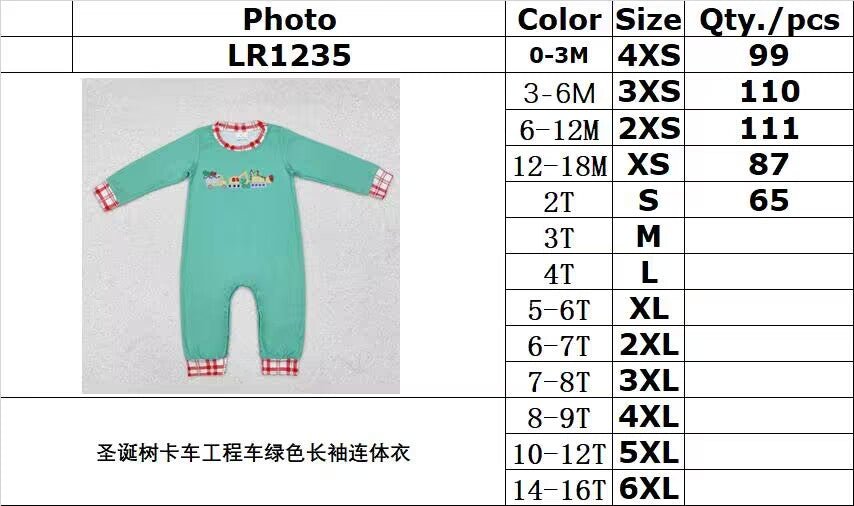 RTS NO MOQ ETA 5/7days LR1235 Christmas Tree Truck Construction Vehicle Green Long Sleeve Jumpsuit