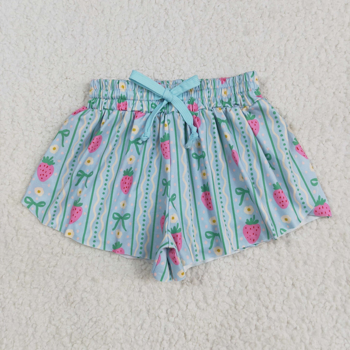 RTS NO MOQ SS0580 Strawberry flower bow pattern wavy line blue shorts