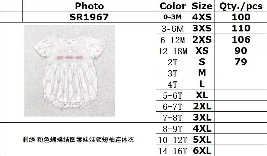 RTS NO MOQ ETA 5/7days arrived SR1967 Embroidered pink bow pattern short sleeve jumpsuit with doll collar