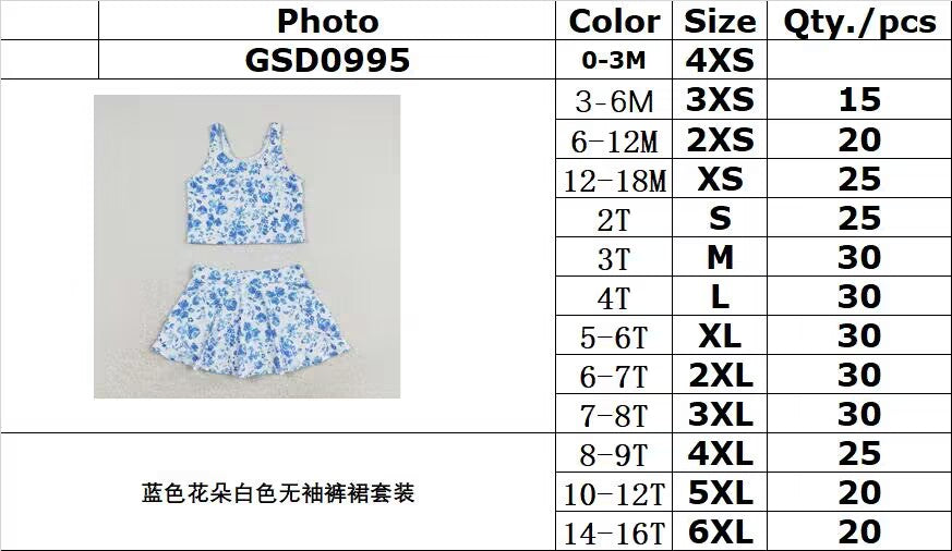 rts no moq GSD0995 Blue floral white sleeveless culottes suit