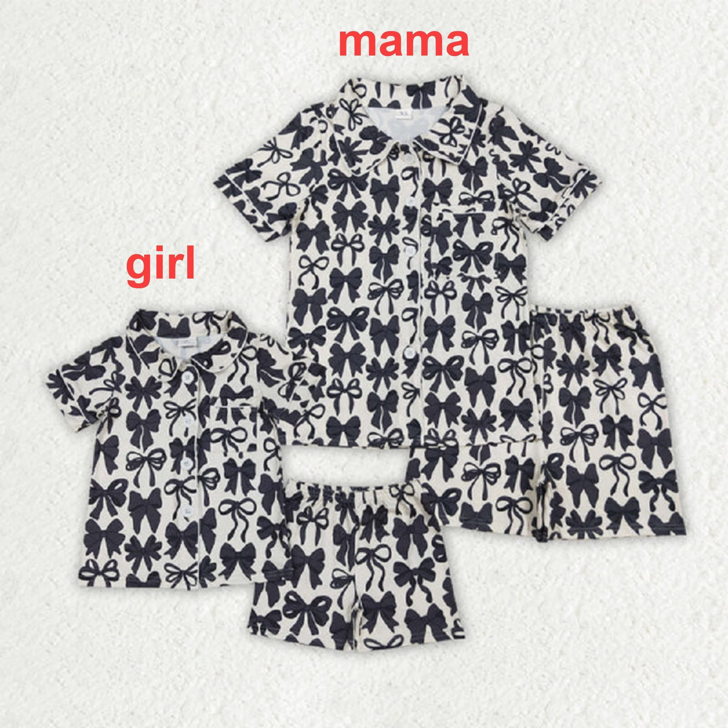 RTS NO MOQ Sibling baby Girls Adult clothes bow Short Sleeve Shorts Pajama Set & kids shorts sets