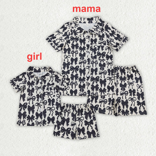 RTS NO MOQ Sibling baby Girls Adult clothes bow Short Sleeve Shorts Pajama Set & kids shorts sets