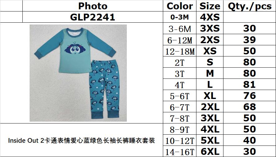 RTS NO MOQ ETA 5/7days Arrived GLP2241 Inside Out 2 cartoon expression heart blue green long sleeve long pants pajama set