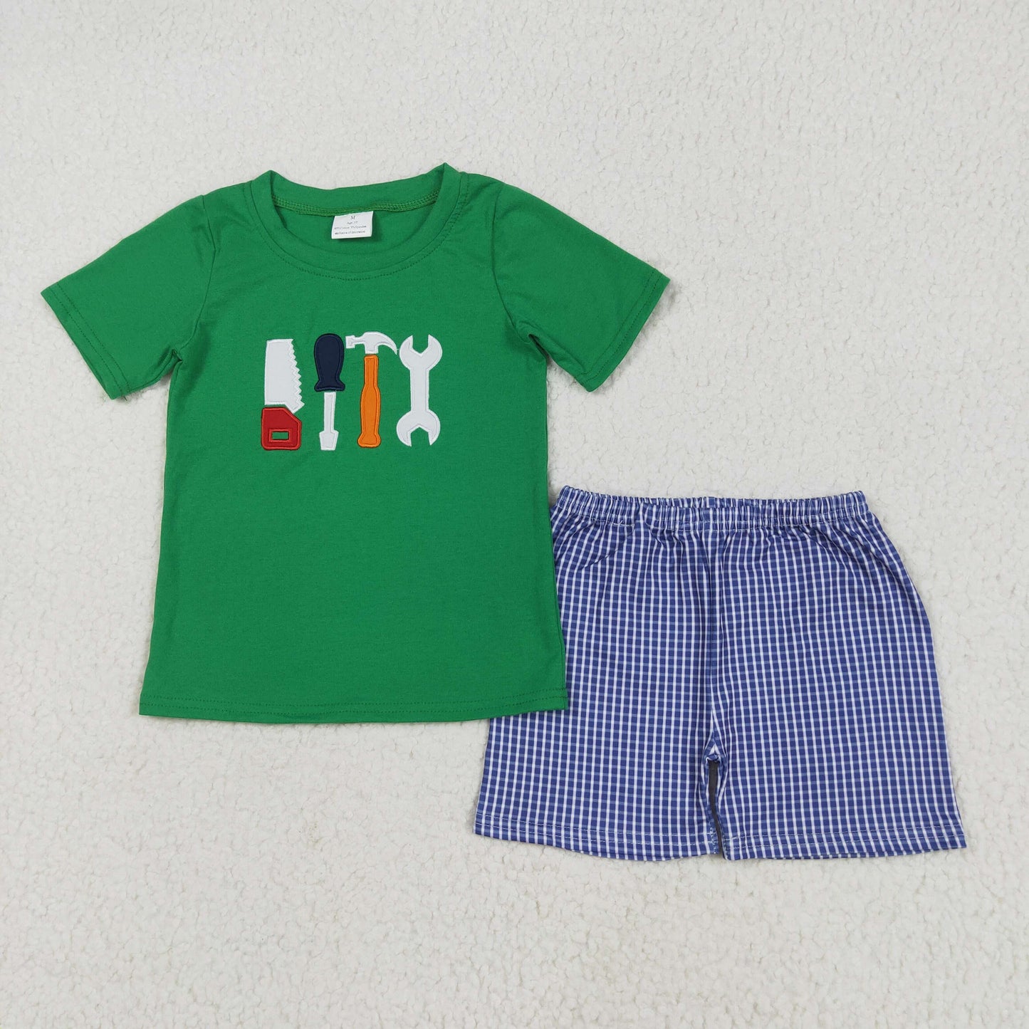 RTS NO MOQ BSSO1066 Embroidery tool green short sleeve blue plaid shorts set