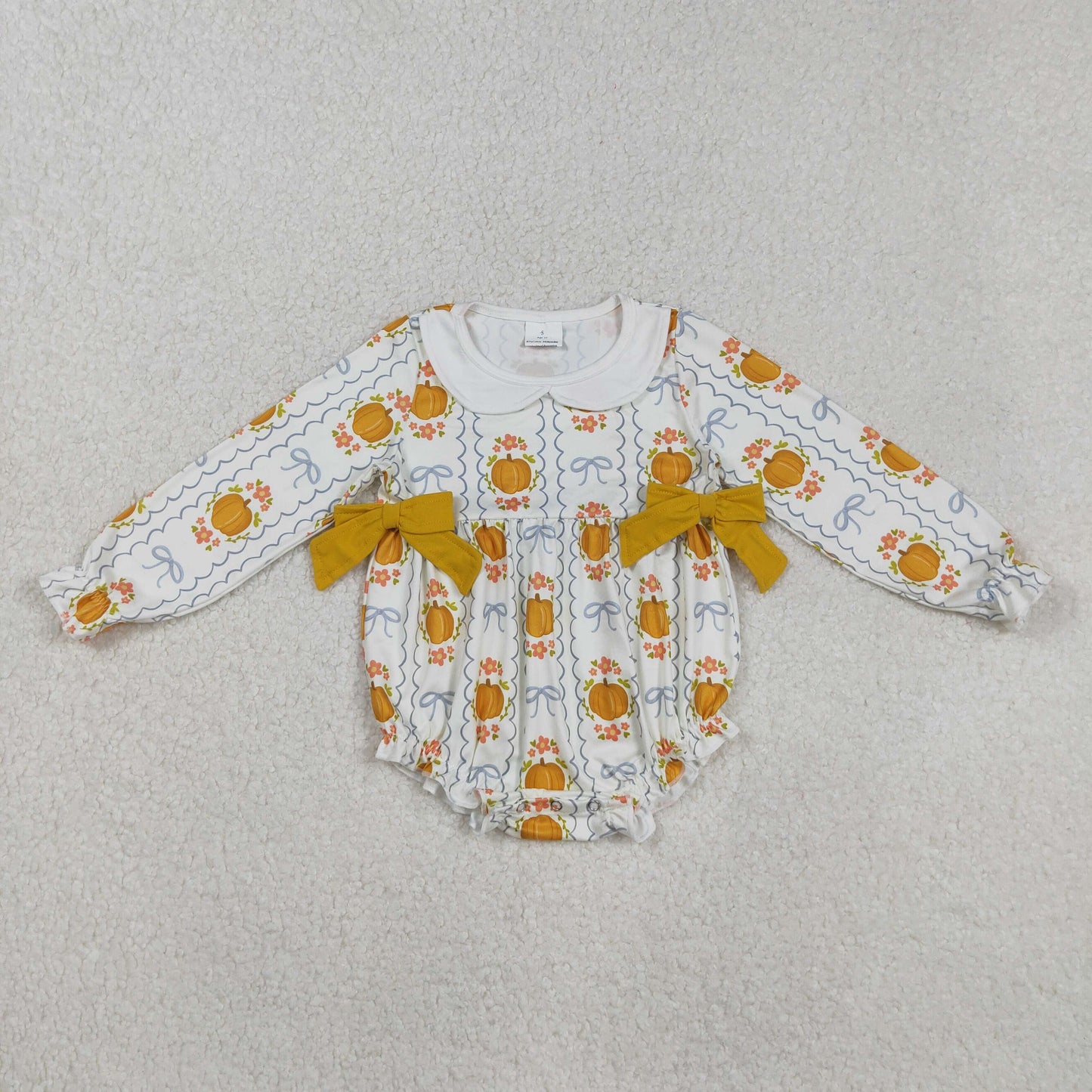 RTS NO MOQ（In Stock) LR2389 Floral Pumpkin Orange Bow Baby Collar Long-Sleeved Bodysuit