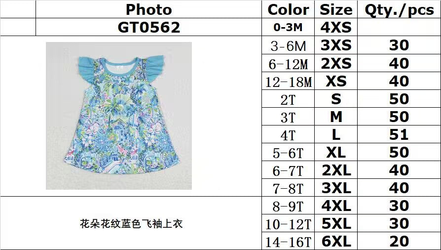 rts no moq GT0562 Flower pattern blue flying sleeve top