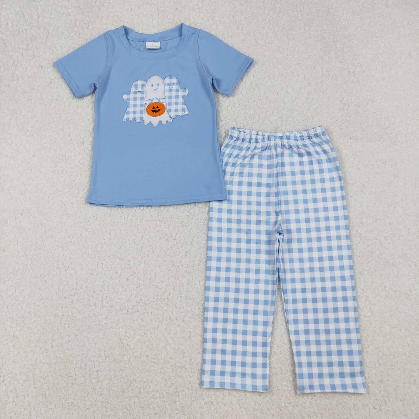 RTS NO MOQ（In Stock) BSPO0581 Embroidered Halloween lantern ghost blue short-sleeved plaid pantsuit
