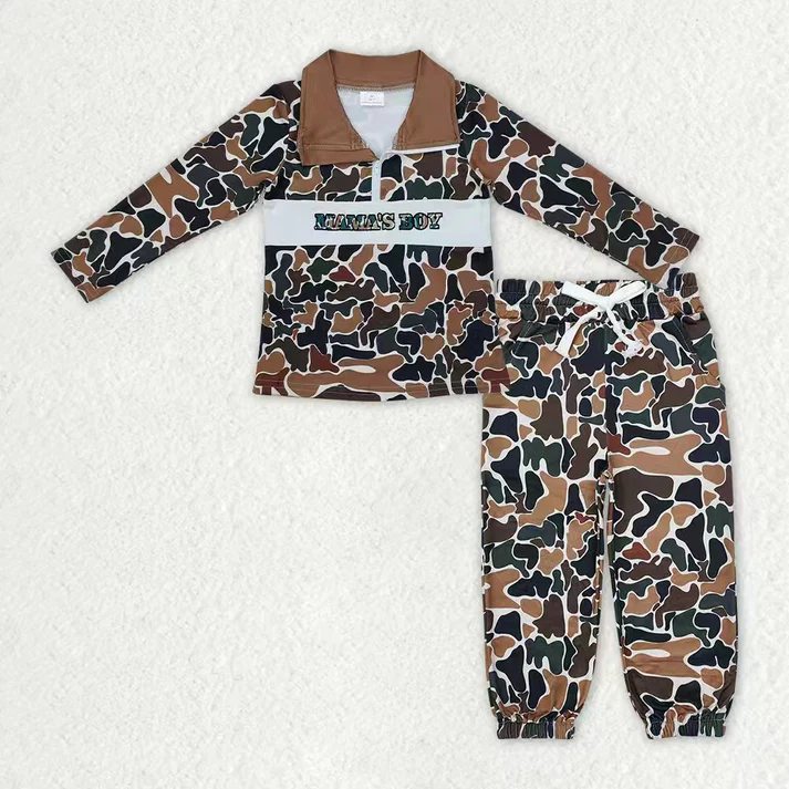 RTS NO MOQ Sibling Baby boy clothes embroidery camouflage long-sleeved trousers suits
