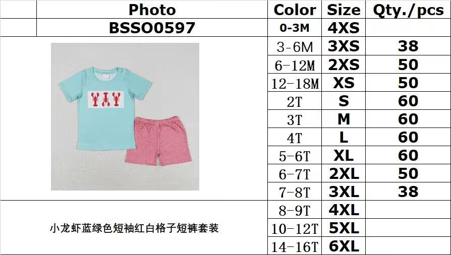 rts no moq BSSO0597 Crayfish blue-green short-sleeved red and white plaid shorts suit