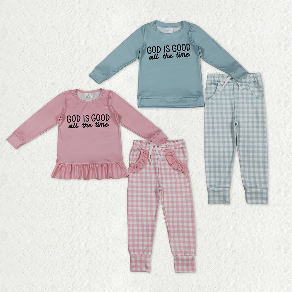 RTS NO MOQ Sibling baby girl boys clothes GOD long-sleeved pants sets