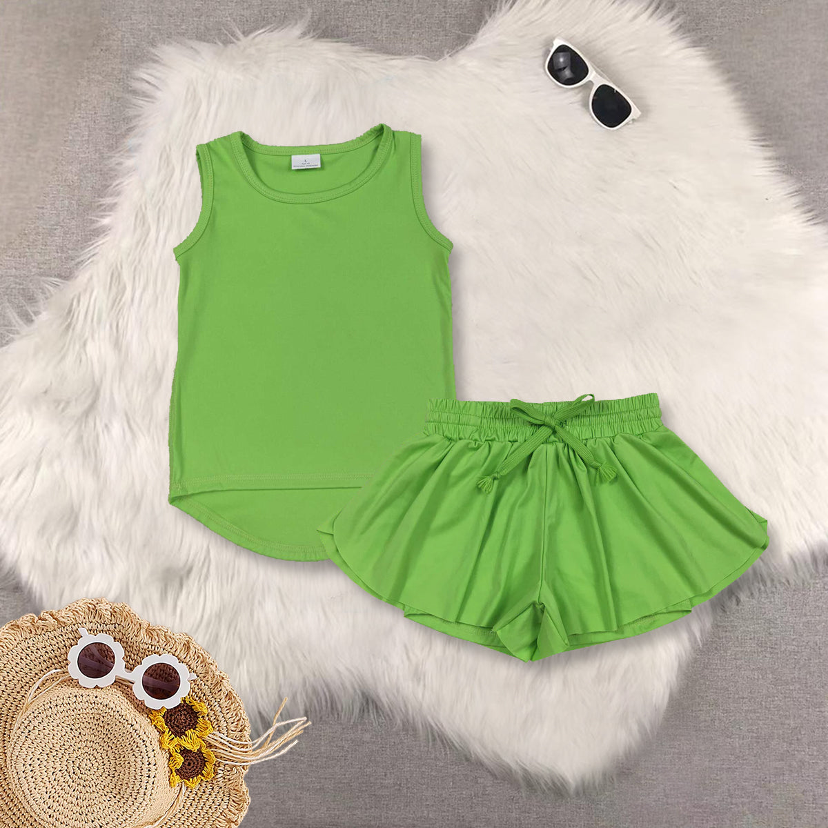 RTS NO MOQ Sibling baby girls clothes yoga Pure green sleeveless short sets and Top and shorts