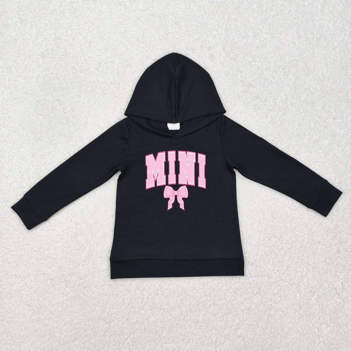 RTS NO MOQ ETA 5/7days Arrived GT0902 Offset mini letters pink bow pattern black hooded long-sleeved top