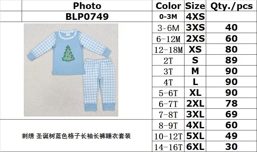 RTS NO MOQ ETA 5/7days BLP0749 Embroidered Christmas tree blue plaid long sleeve trousers pajama set