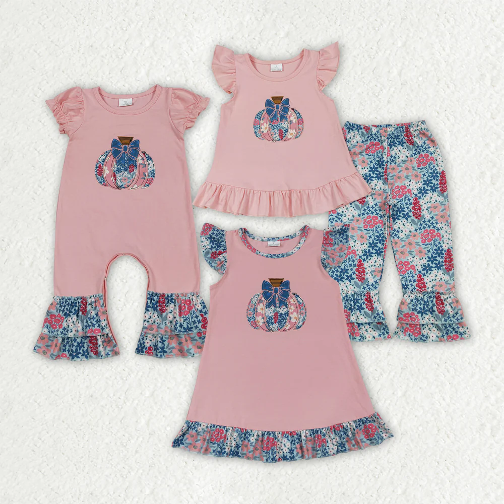 RTS NO MOQ Girls clothes halloween embroidery pumpkin short sleeve pants Sets dress romper