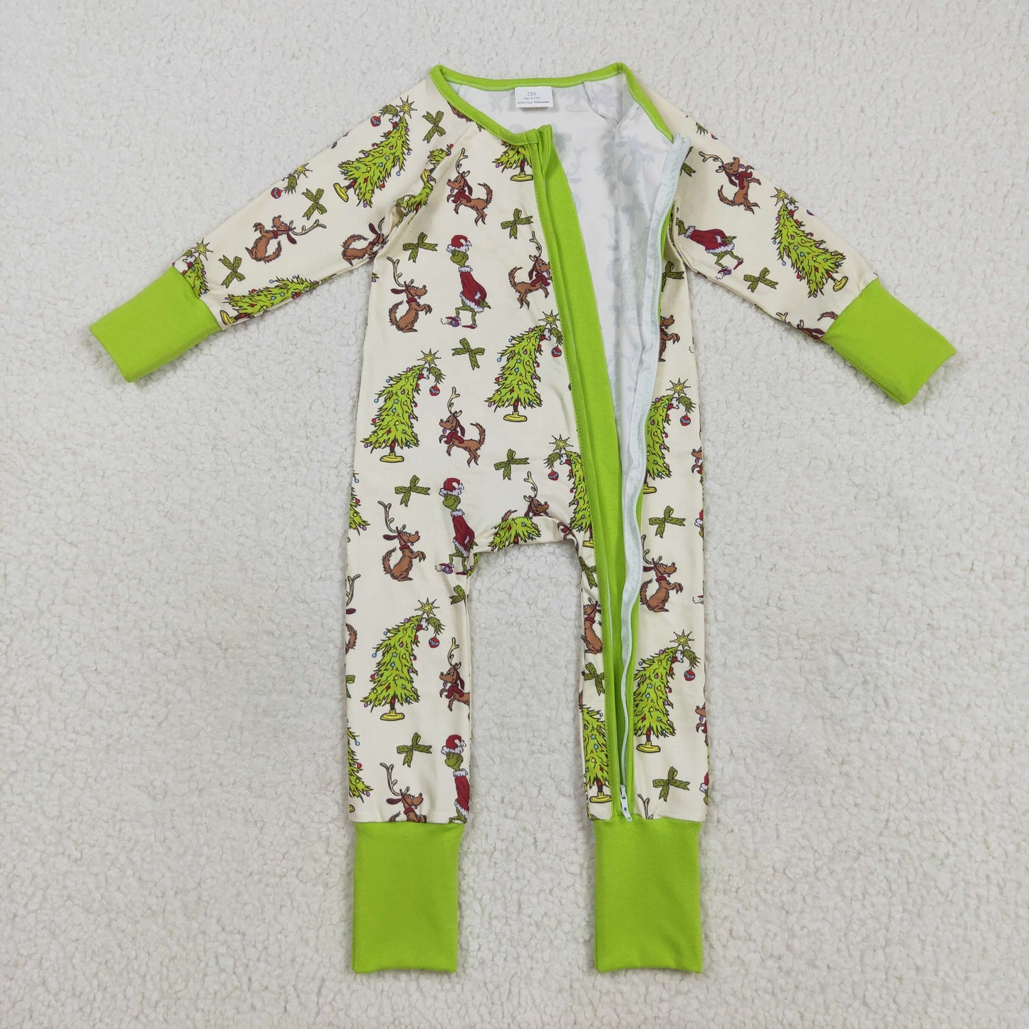 RTS NO MOQ（In Stock) LR2481 Christmas tree puppy green bow pattern zipper long sleeve jumpsuit