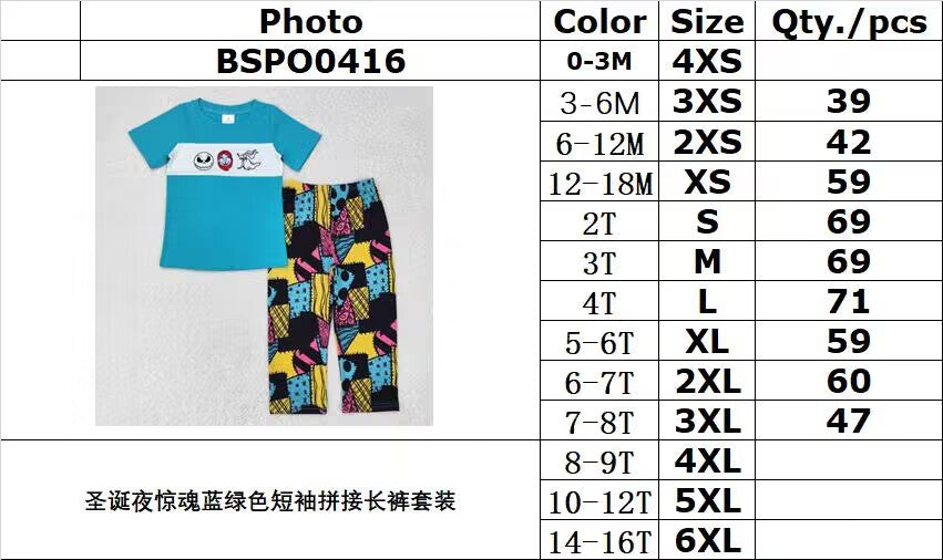 RTS no moq BSPO0416 The Nightmare Before Christmas teal short-sleeved patchwork trousers set