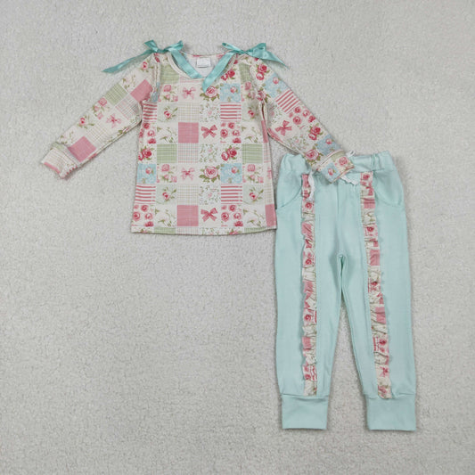 RTS NO MOQ（In Stock) GLP2551 Floral plaid bow long-sleeved lace pant set