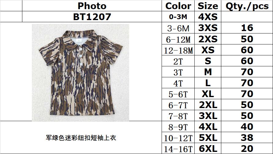 RTS NO MOQ ETA 5/7days Arrived BT1207 Military green camouflage button short-sleeved top