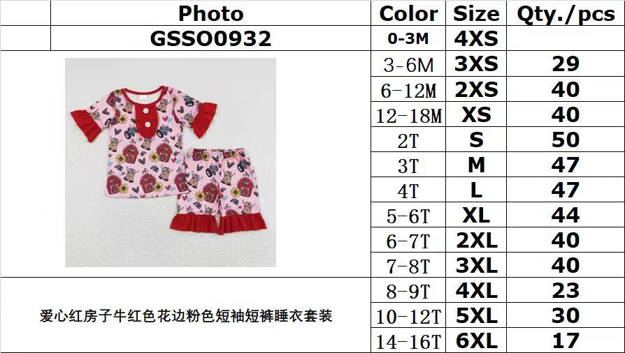 GSSO0932 Love Red House Cow Red Lace Pink Short Sleeve Shorts Pajama Set