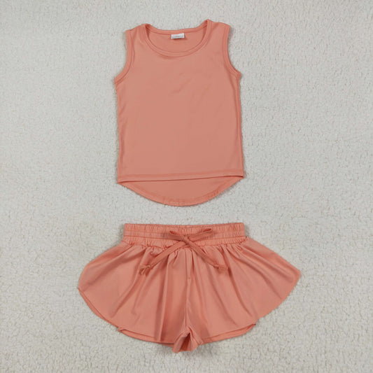 RTS NO MOQ GT0984+SS0547 Solid orange sleeveless yoga top shorts sets