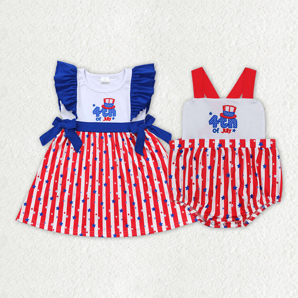 RTS Boys and girls 4th of july embroidery Short Sleeve dress rompers