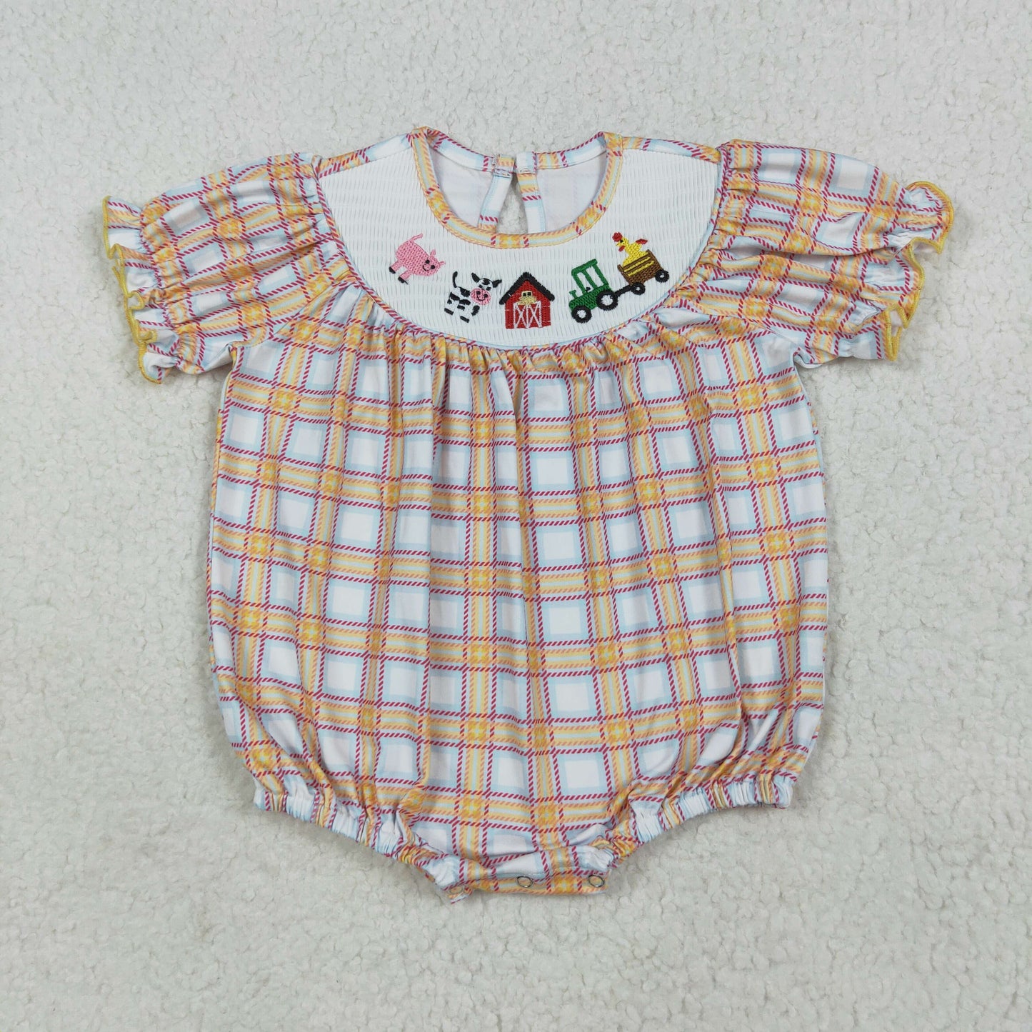 RTS NO MOQ（In Stock) SR2982 smocked embroidered farm animals red house orange plaid short sleeve jumpsuit
