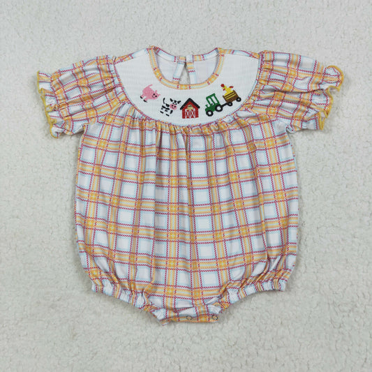 RTS NO MOQ（In Stock) SR2982 smocked embroidered farm animals red house orange plaid short sleeve jumpsuit