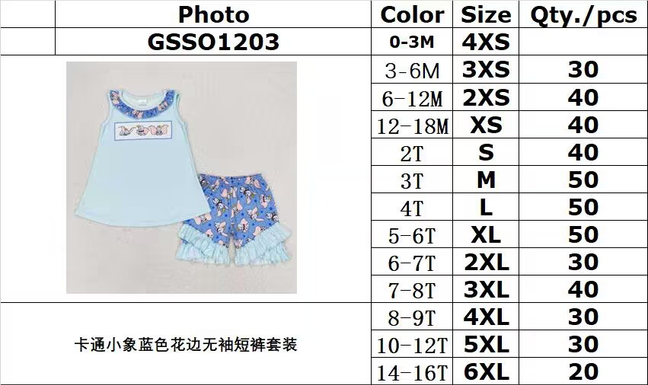 RTS no moq GSSO1203 Cartoon elephant blue lace sleeveless shorts suit