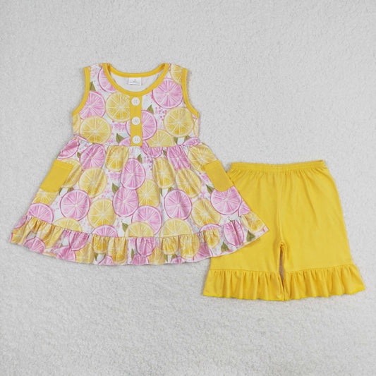 rts no moq GSSO1079 Orange fruit pattern yellow sleeveless shorts set