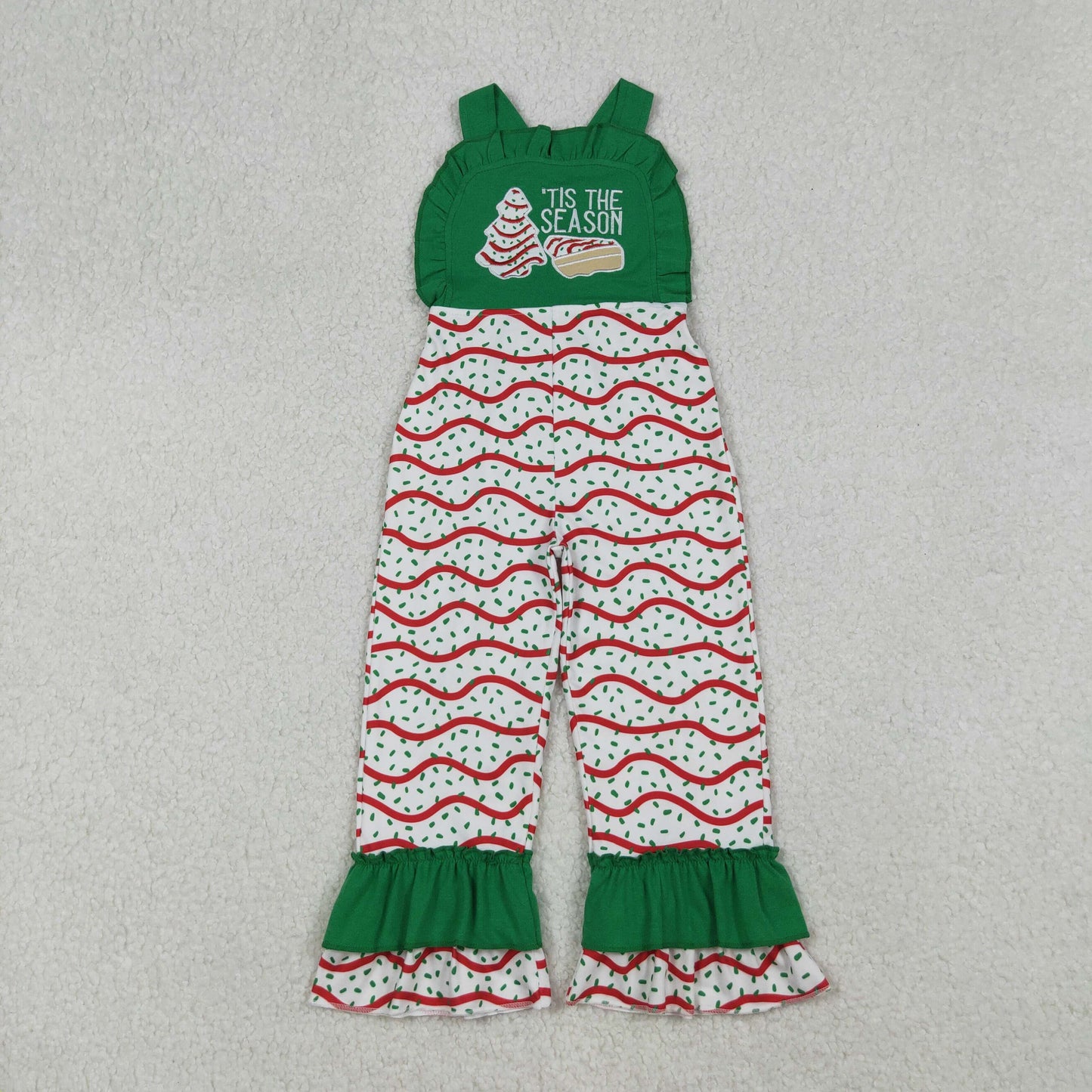 RTS NO MOQ（In Stock）SR3178 TIS the Season embroidered Christmas tree cookie green lace suspender bodysuit