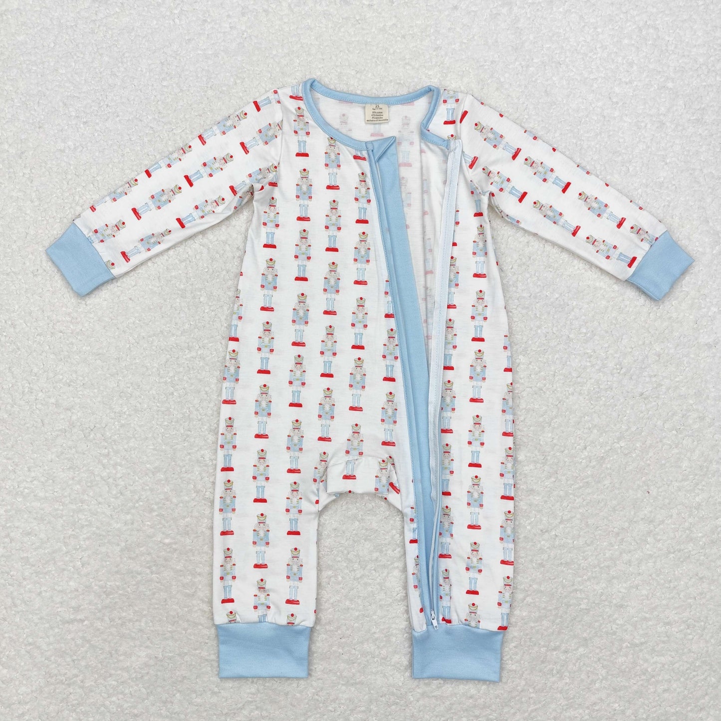 bamboo rts no moq LR1184 Modal Christmas cartoon nutcracker blue and white zipper long-sleeved jumpsuit