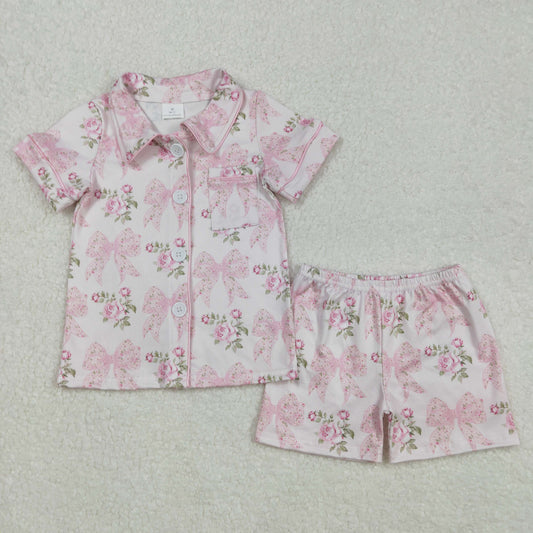 RTS NO MOQ ETA 5/7days Arrived GSSO1780 Pink short-sleeved shorts and pajama set with floral pattern and leaves and bows