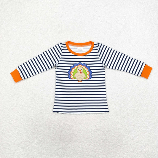 rts no moq BT0818 Embroidered turkey navy blue striped long sleeve top