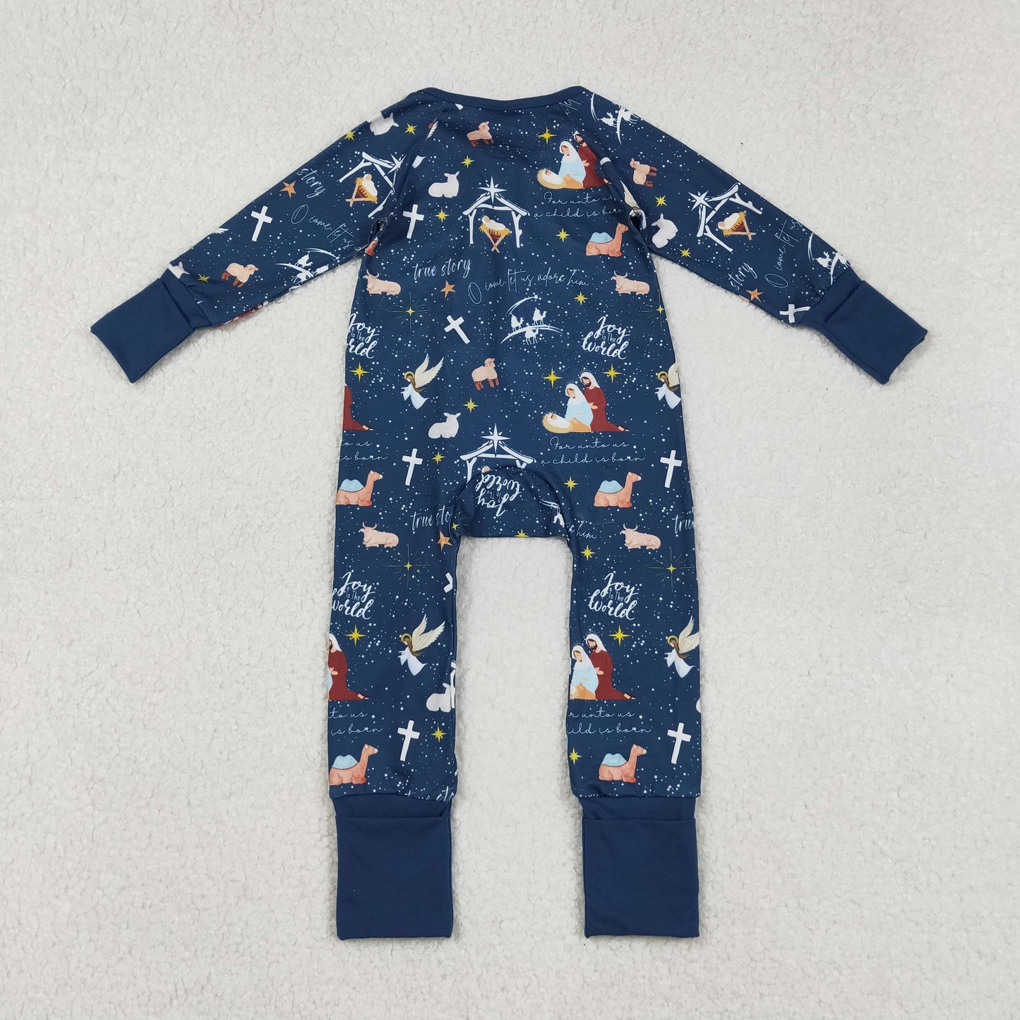 RTS NO MOQ（In Stock) LR2504 World Jesus Blue Zipper Long-Sleeved Bodysuit