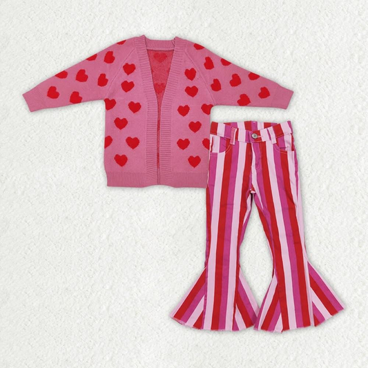 GT0372+P0043 Red love rose pink pocket long-sleeved sweater cardigan bright red striped denim trousers sets